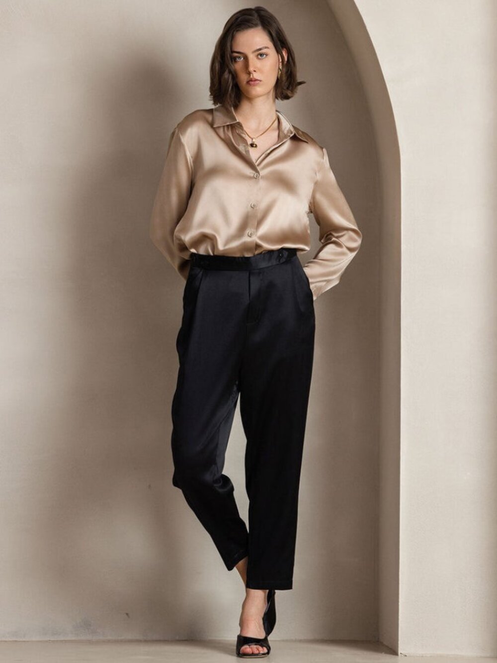 SilkSilky 19Momme Silk Lapel Collar Long Sleeve Women's Shirt Size L